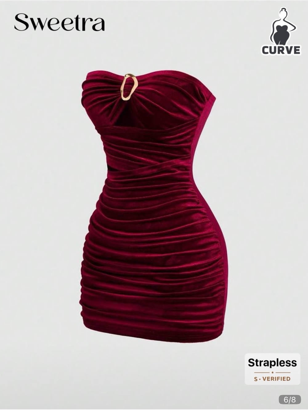 SHEIN Curve Strapless Ruched Velvet Dress in Burgundy with Gold Accent